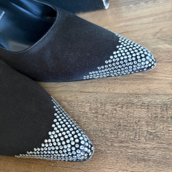 St. John Couture Audrey 8 Black Satin Rhinestone Heels Pointed Toe Stiletto Box - Picture 3 of 10